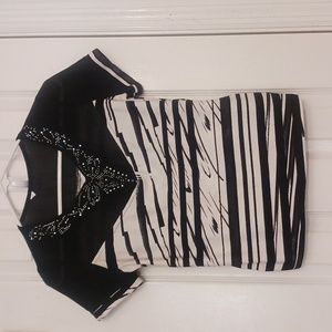 Black & White Top Blouse With Rhinestones & Striped Details